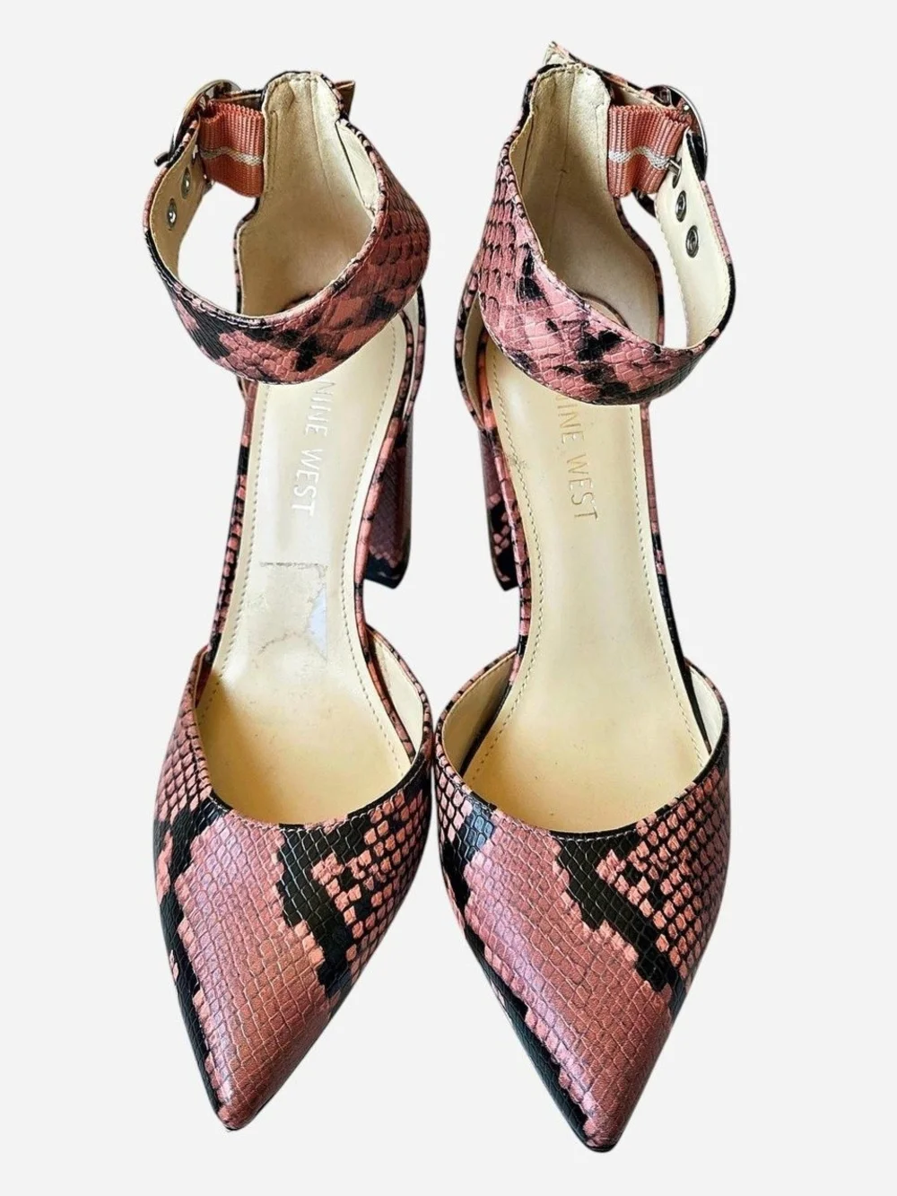 Nine West snakeskin pointed toe party heels with ankle strap pink black 6.5
